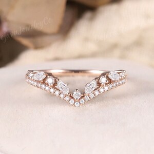 Marquise Shaped moissanite Curved Wedding Band Unique Moissanite Curved Stacking Bridal Ring Diamond Rose Gold Chervon Wedding Ring For Her