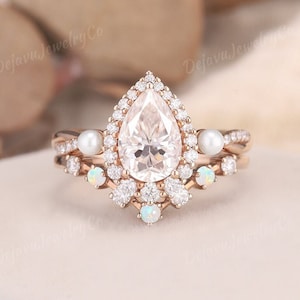Unique Moissanite Engagement Ring Set Pearl Cluster Ring Set Halo Moissanite Twisted Wedding Ring Rose Gold Opal Curved Wedding Band 2pcs