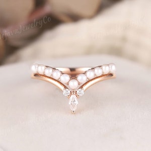 Unique 2pcs Pearl Wedding Ring Rose Gold Curved Wedding Band Stacking Matching Ring Moissanite Ring Diamond Double Curved Wedding Band