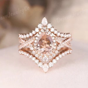 3pcs Morganite Engagement Ring Set Vintage Moissanite Halo Rose Gold Ring Double Curved Stacking Wedding Band Unique Promise Ring For Women