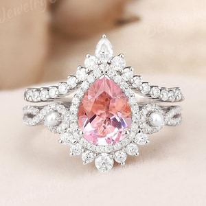 Vintage Pink Sapphire Engagement Ring Delicate Pear Wedding Rings Women White Gold Halo Filigree unique Gift Infinity Anniversary Pearl 2pcs