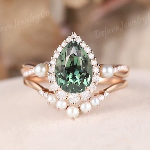 Pear Shaped Green Sapphire Engagement ring Vintage Rose Gold Wedding Teal sapphire marriage ring Pearl Unique Bridal set Anniversary 2pcs