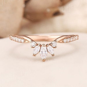 Art Deco Marquise Cut Moissanite Wedding Band Delicate Diamond Rose Gold Wedding Ring Matching Twisted Flower Curved Wedding Band For Women