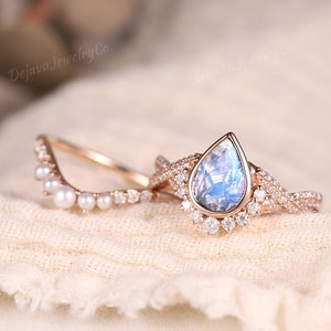 Rainbow Moonstone Engagement Ring Set Delicate Pear Cut Moonstone Wedding Ring Twisted Ring Moissanite and Pearl Wedding Band Halo Ring