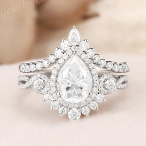 White Gold Infinity Engagement Ring Pear Shaped Moissanite Ring Crystal Engagement Ring art decoHalo Ring Wedding Set 2pcs Double Halo Gift
