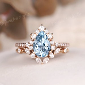 Unique Aquamarine Engagement Ring Set Marquise Cut Moissanite Wedding Band Pear Cut Aquamarine Wedding Ring Set Rose Gold Moissanite Ring