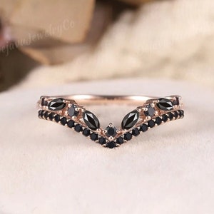 Vintage Black Onyx wedding band rose gold band, Marquise cut Black Onyx matching wedding ring, Unique Anniversary ring Gift art deco for her