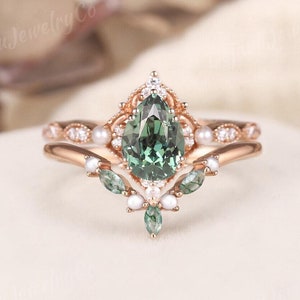 Teal sapphire Ring Pear Shaped Green Sapphire Engagement ring Vintage Rose Gold Art Deco marriage Pearl Unique Bridal set Moss Agate 2pcs