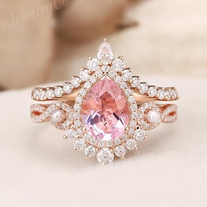 Pink Sapphire Ring Set Unique Pear Cut Pink Sapphire Engagement Ring Set Rose Gold Cross Pearl Moissanite Teardrop Curved Wedding Band 2pcs