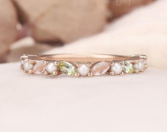 Anillo de boda marquesa de oro rosa para mujer, único, con peridoto, morganita y perlas. Anillo de promesa delicado y apilable, regalo con piedras mixtas.