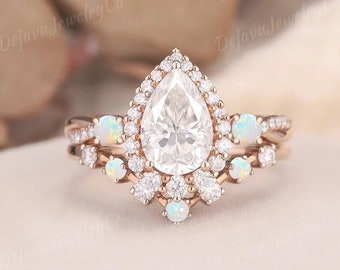1.5ct Moissanite Opal Ring Cluster Wedding Band Women Rose Gold Stacking Cluster Engagement Ring Pear Shape Engagement Ring Criss Cross 2pcs