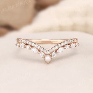 Art Deco Moissanite Curved Wedding Band Unique Pearl Stacking Matching Wedding Ring Diamond Rose Gold Promise Ring For Women Stackable Ring
