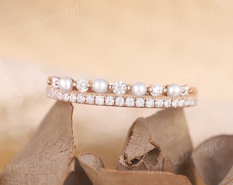 Pearl Wedding Band Vintage Band Half Eternity Band Moissanite Stacking Matching Diamond Band Anniversary Band Promise Ring For Women 2pcs