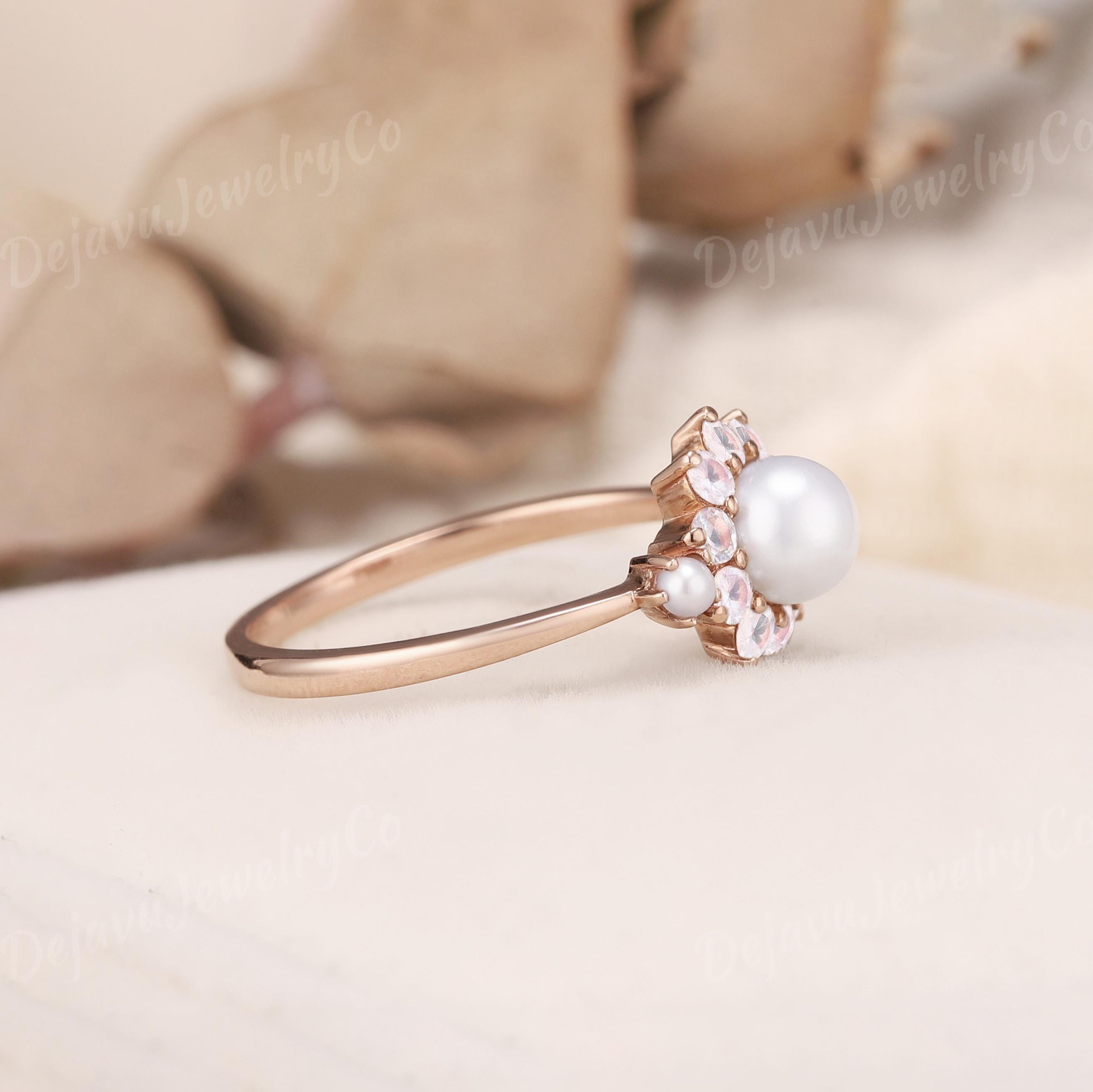 Akoya Pearl Flower Ring SV950/13号 Akoya Pearl Flower Ring Rose Quartz Wedding Vintage Ring Rose Gold