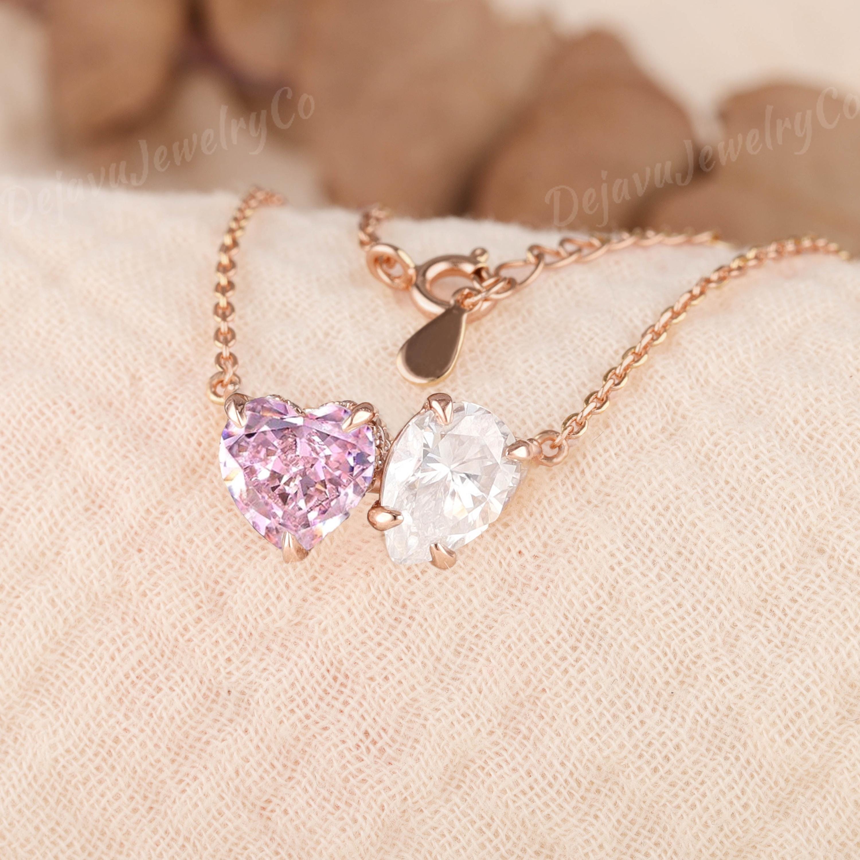 Hidden Halo Toi Et Moi Necklace Heart Shaped Pink Sapphire Rose
