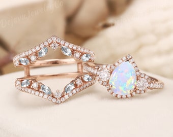 Unique White Opal Engagement Ring Set Pear Shaped Bridal Set Rose Gold Filigree Halo Three Stones Ring Enhancer Ring Swiss Blue topaz 2pcs