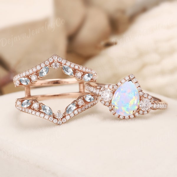 Unique White Opal Engagement Ring Set Pear Shaped Bridal Set Rose Gold Filigree Halo Three Stones Ring Enhancer Ring Swiss Blue topaz 2pcs