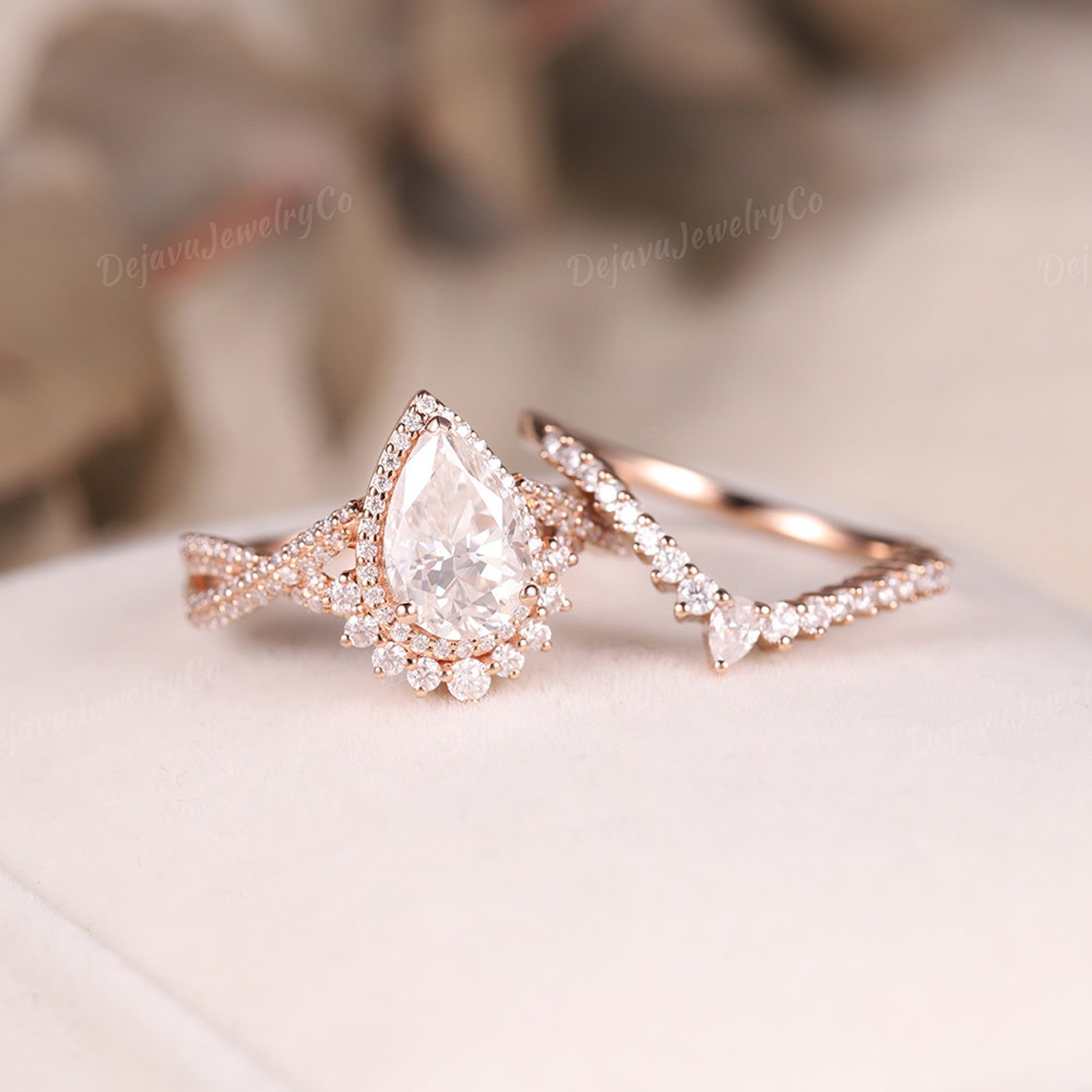 Unique Pear Shaped Moissanite Engagement Ring Set Art Deco - Etsy