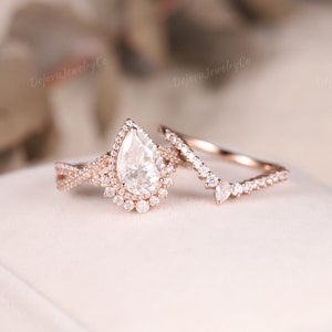 Unique Pear Shaped Moissanite Engagement Ring Set Art Deco Rose Gold ...