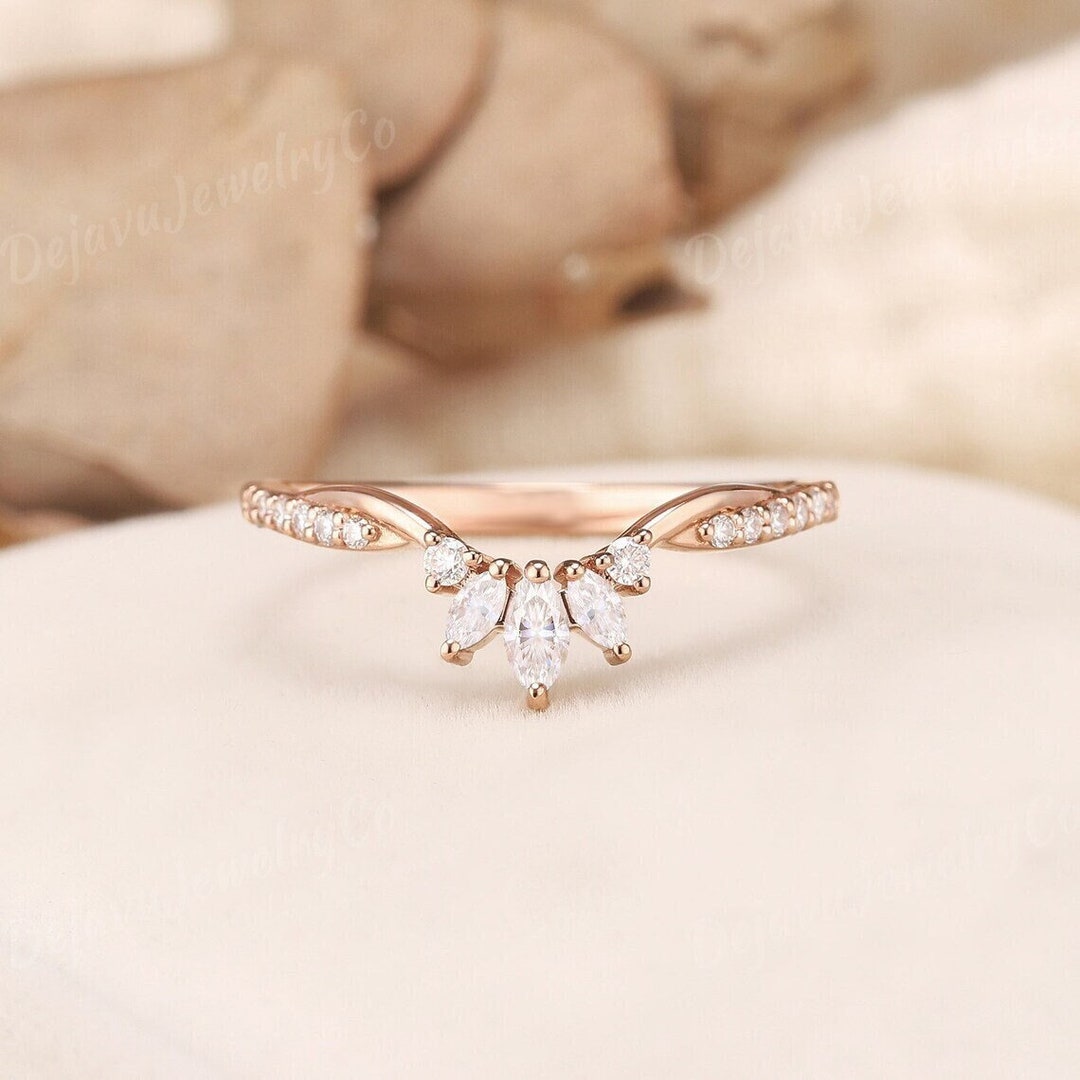 Art Deco Marquise Cut Moissanite Wedding Band Delicate Diamond Rose ...