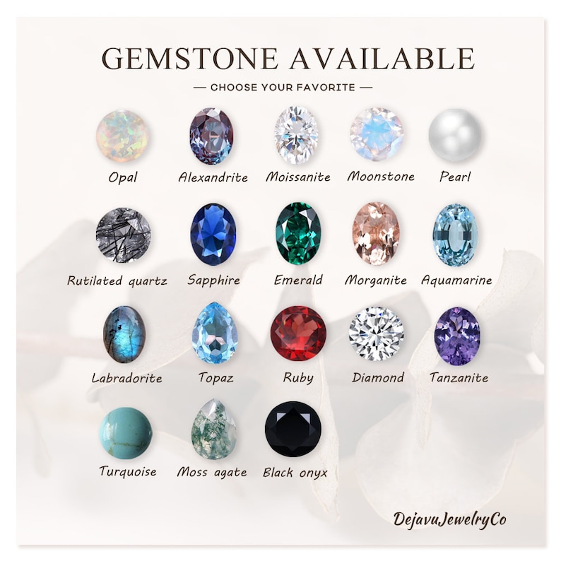 May include: An image showcasing various gemstones such as opal, sapphire, emerald, and ruby, each labelled. The text reads "GEMSTONE AVAILABLE - CHOOSE YOUR FAVORITE". The Dejavu Jewelry Co logo is visible at the bottom.