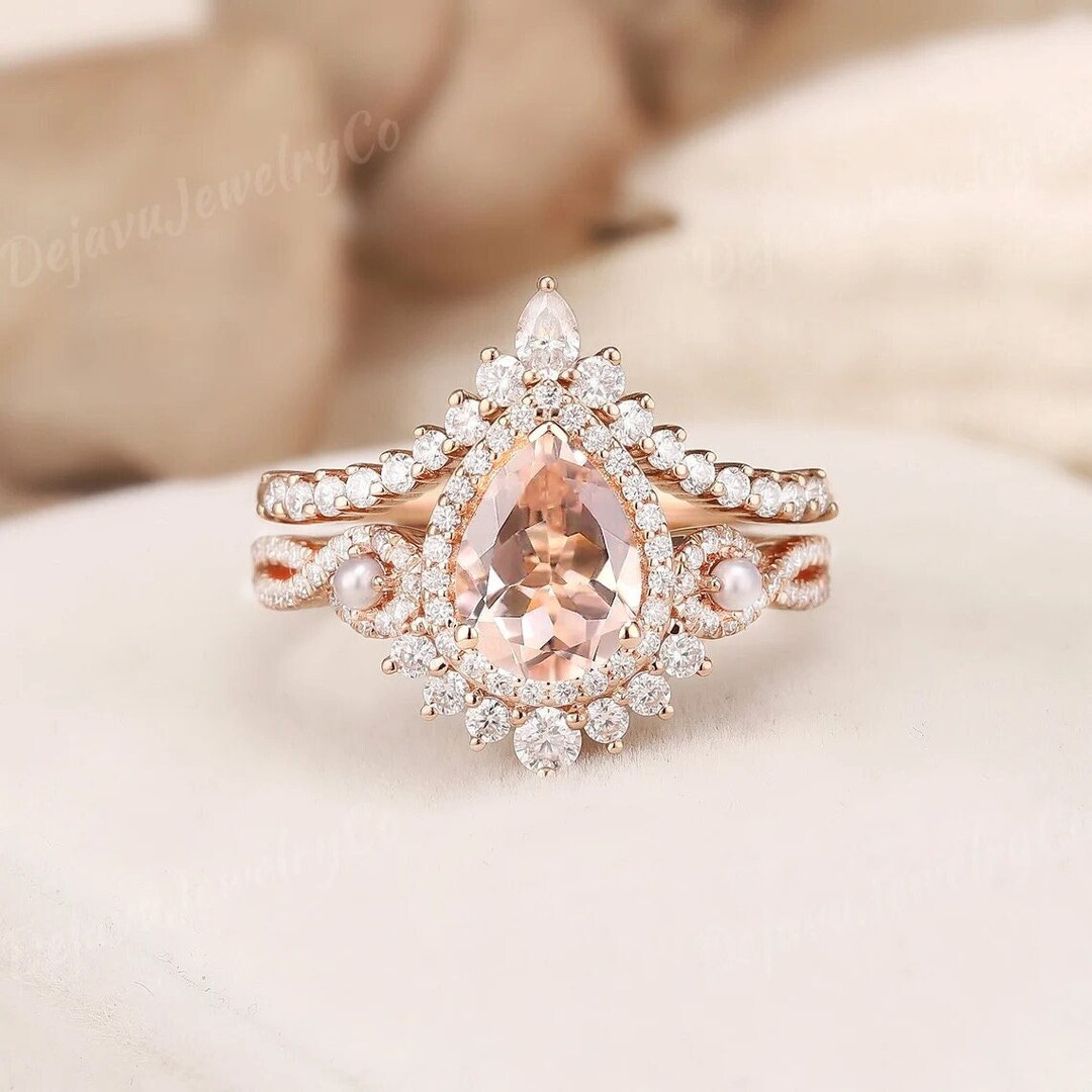 Pear Cut Morganite Engagement Ring Set Unique Rose Gold Moissanite ...