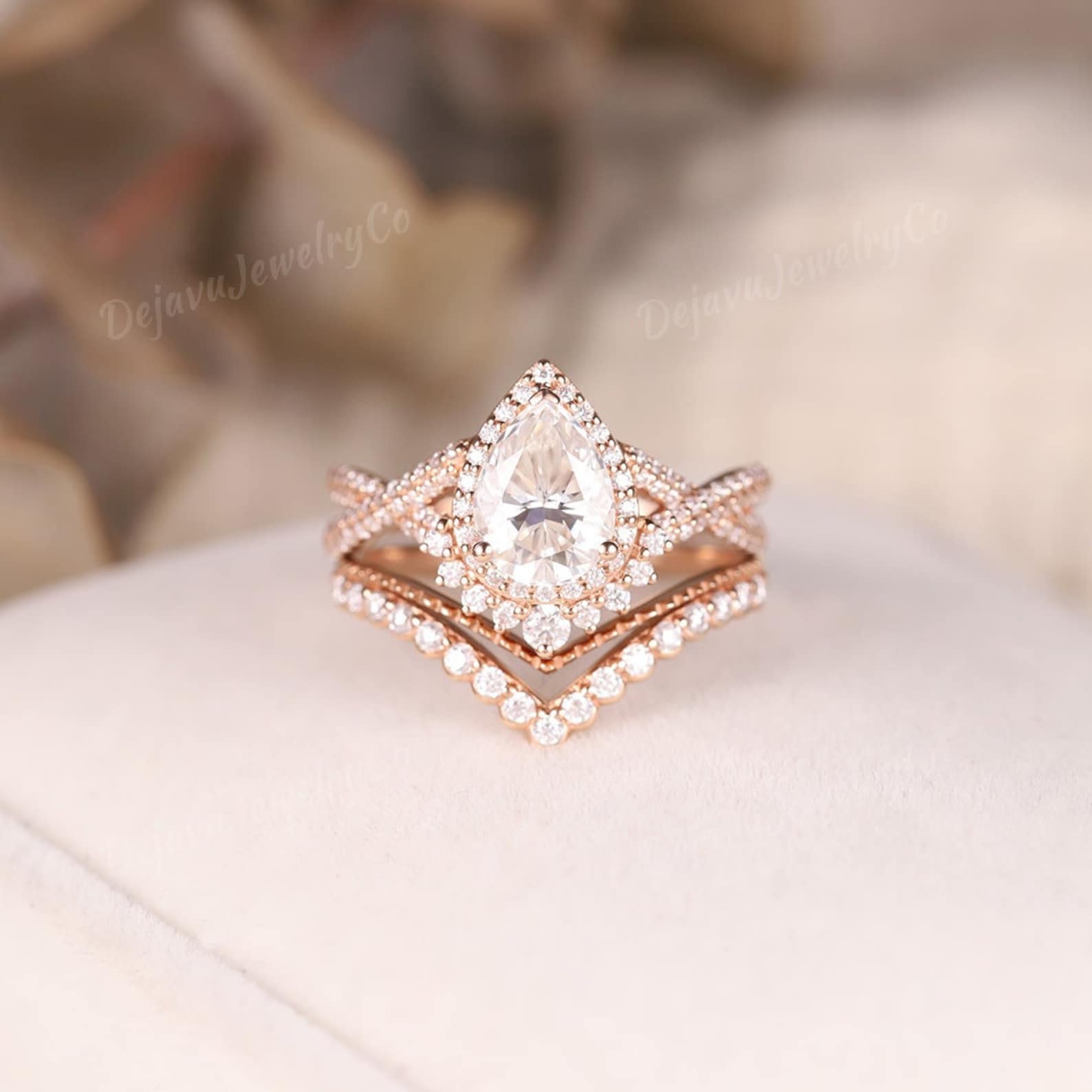Unique 10K Rose Gold Pear Shaped Moissanite Engagement Ring Art Deco Unique 10K Rose Gold Pear Shaped Moissanite Engagement Ring Art Deco
