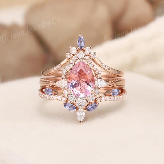 Vintage Pink Sapphire Floral Engagement Ring Set 3pcs Rose Gold