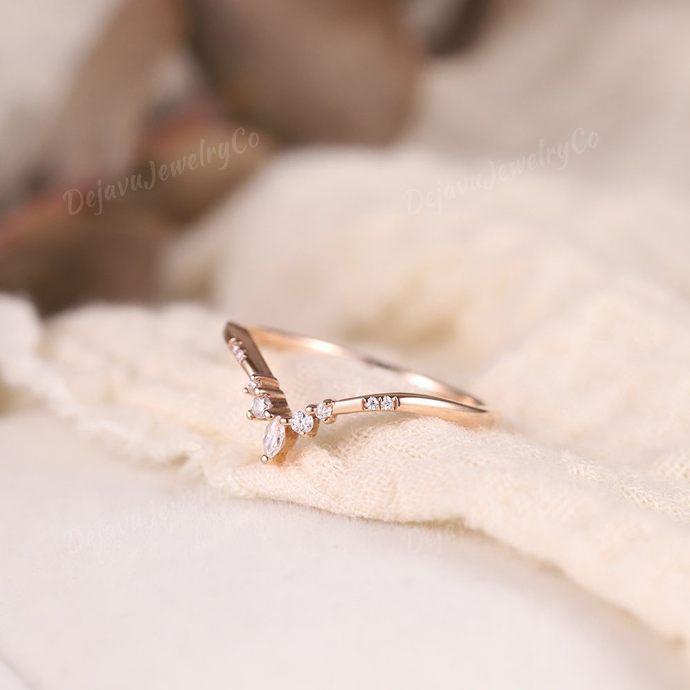 Art Deco Chevron Wedding Band Rose Gold Marquise Diamond Moissanite ...