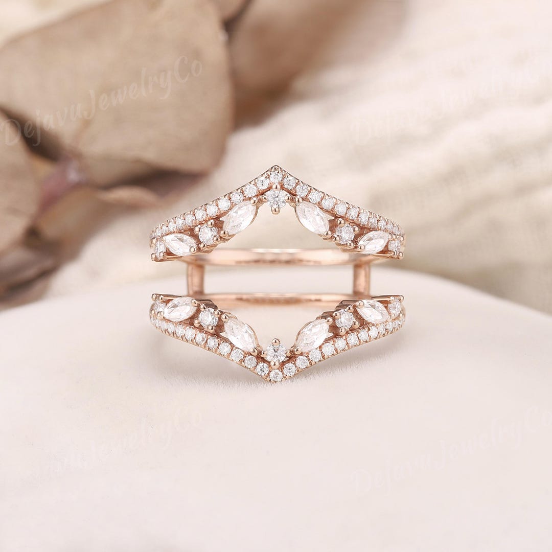 Marquise Moissanite Wedding Band Art Deco Unique Rose Gold Enhancer ...