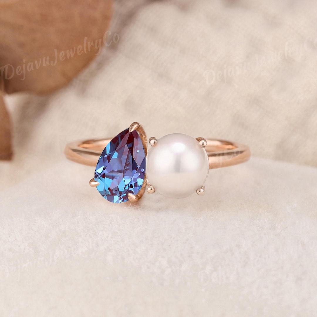 Pear Shaped Alexandrite Pearl Ring Toi Et Moi Engagement Ring Rose Gold ...
