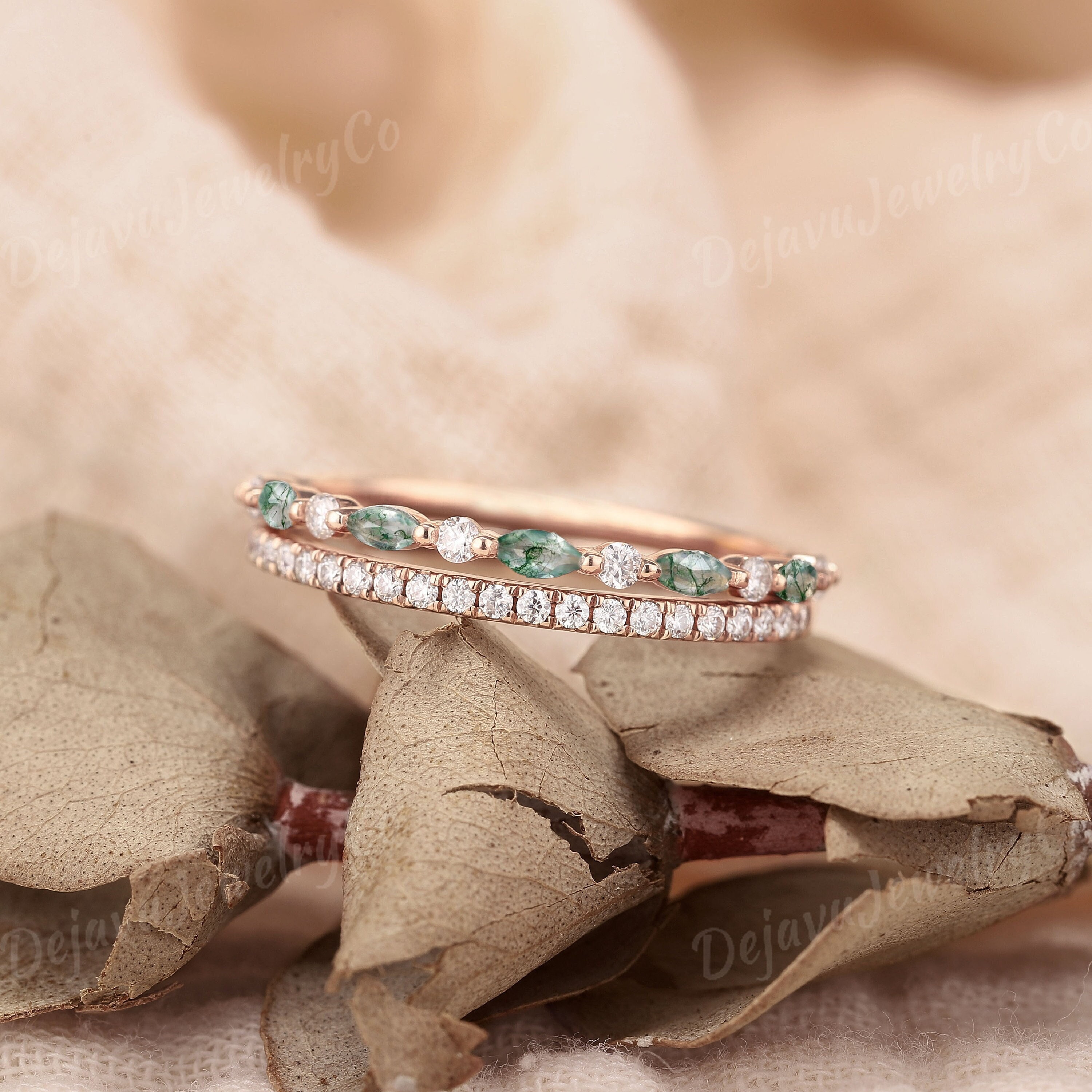 Vintage Marquise Moss agate wedding bands Women 2pcs Rose gold Moissanite wedding band half eternity matching stacking Anniversary Unique