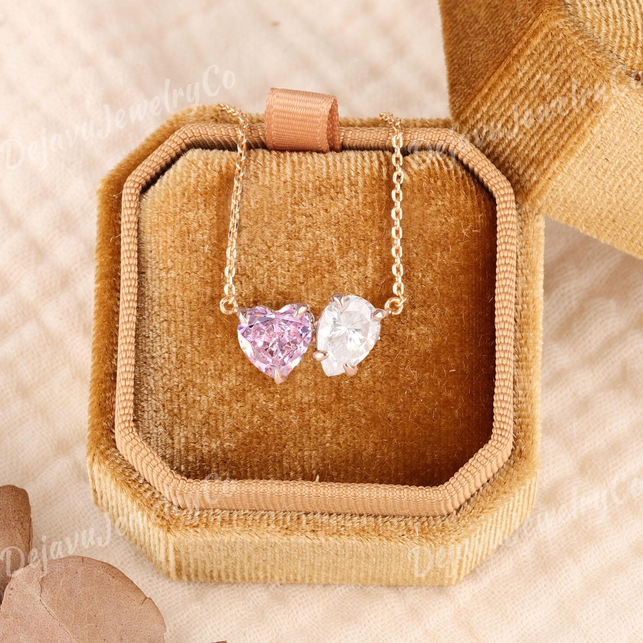 Hidden Halo Toi Et Moi Necklace Heart Shaped Pink Sapphire Rose