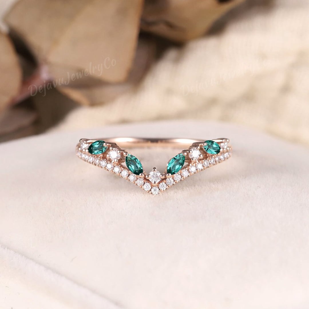 Marquise Shaped Emerald Curved Wedding Band Unique Moissanite Curved ...