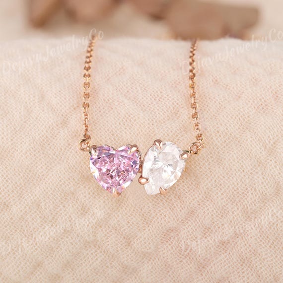 Hidden Halo Toi Et Moi Necklace Heart Shaped Pink Sapphire Rose