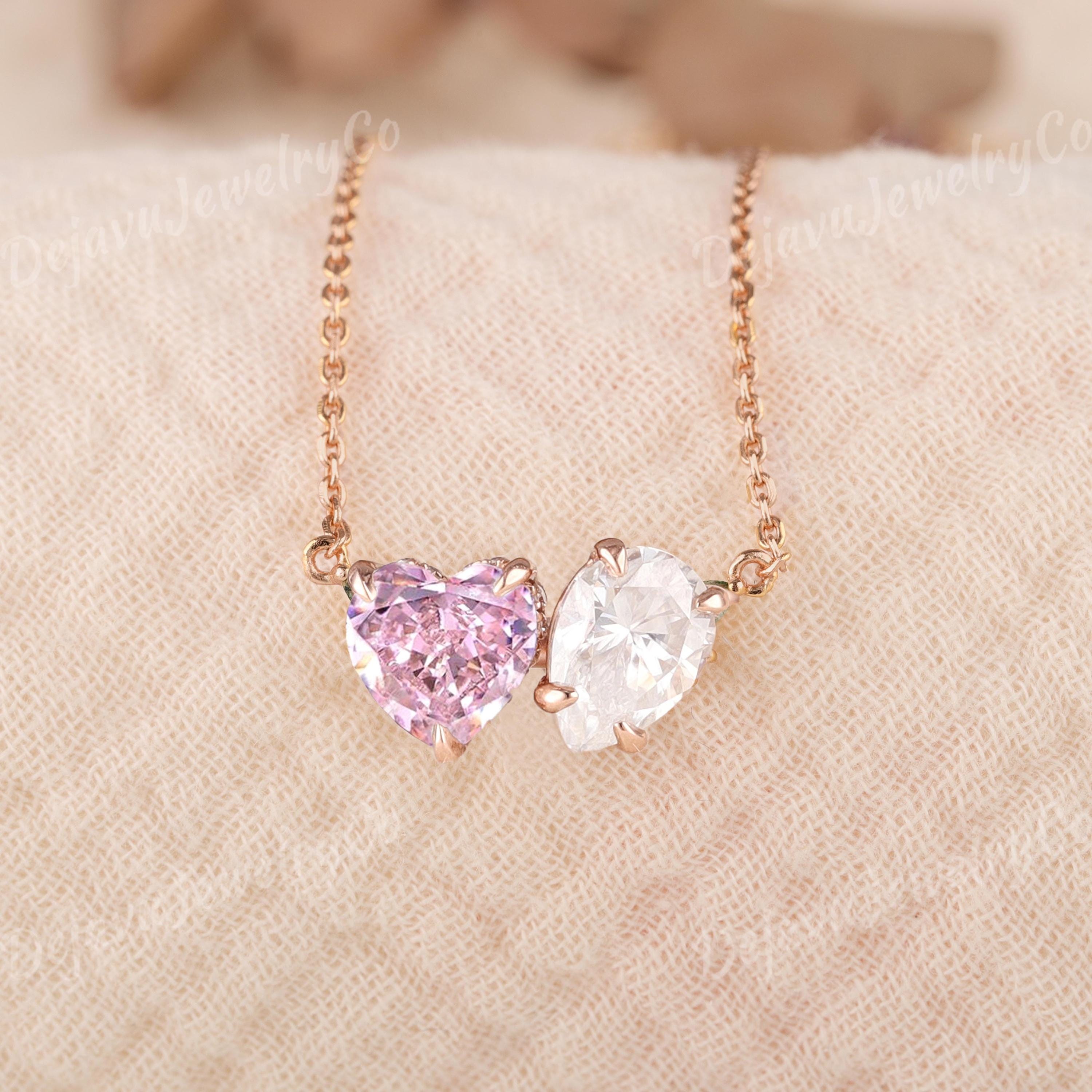 Hidden Halo Toi Et Moi Necklace Heart Shaped Pink Sapphire Rose