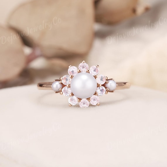 Akoya Pearl Flower Ring Rose Quartz Wedding Vintage Ring Rose Gold
