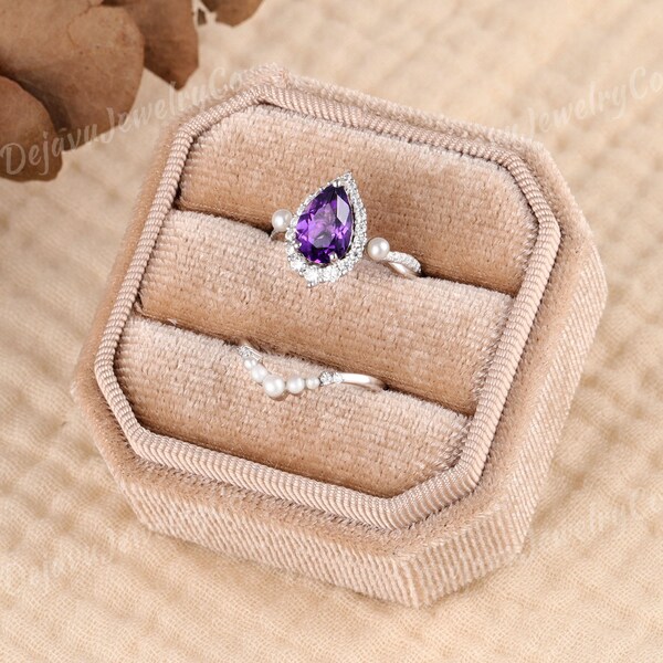 Pear Shaped Amethyst Pearl Engagement Ring Rose Gold Bridal Set Vintage Amethyst Ring Antique Wedding Band Women Crystal Unique Diamond 2pcs