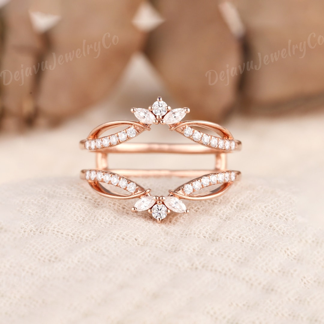 Art Deco Moissanite Double Curved Wedding Band Rose Gold Vintage ...