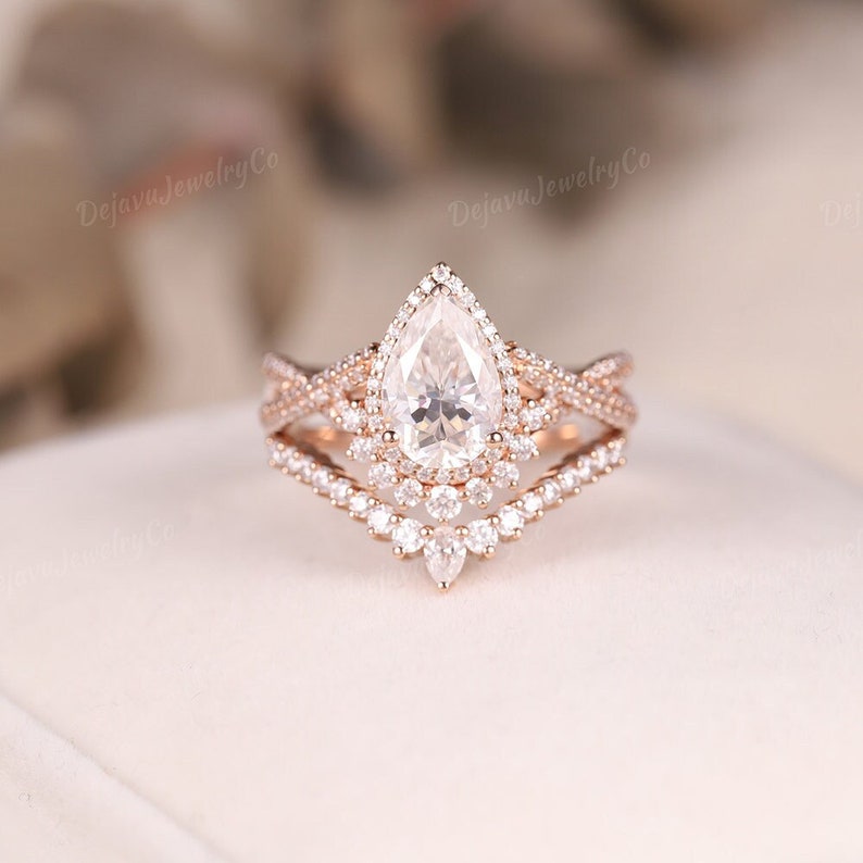 Unique Pear Shaped Moissanite Engagement Ring Set Art Deco - Etsy