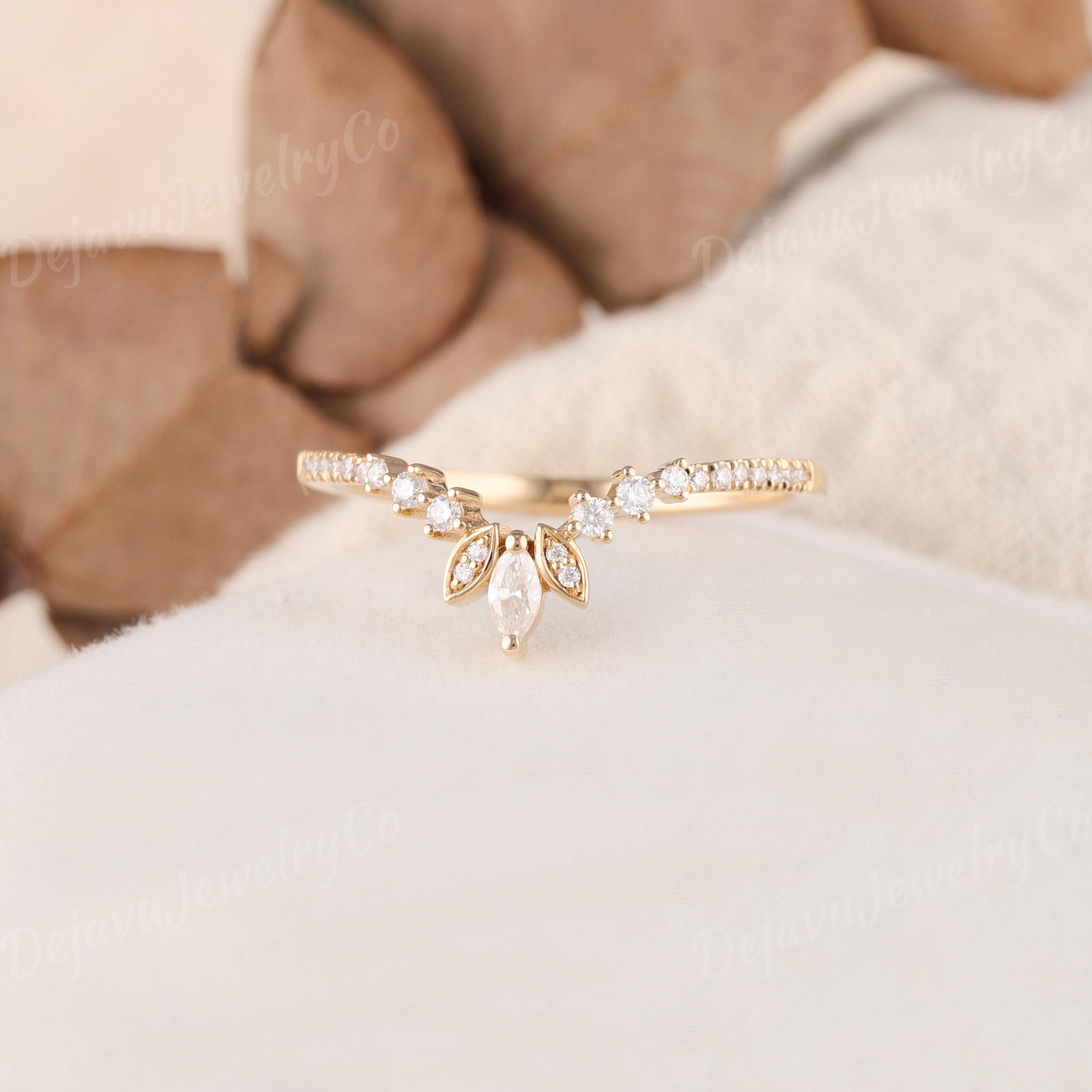 Art Deco Diamond Wedding Band Yellow Gold Marquise Moissanite Curved ...