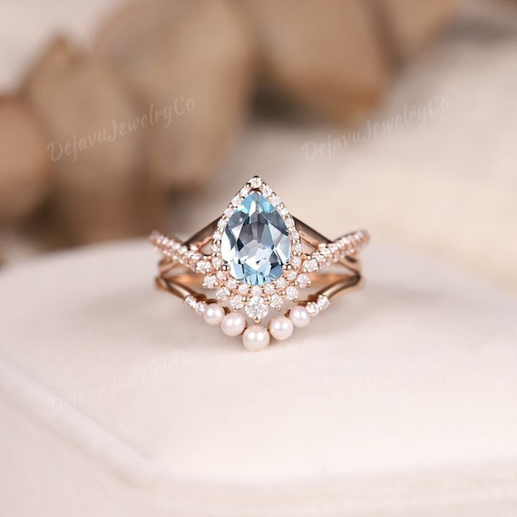 Aquamarine Wedding Ring Set Vintage Rose Gold Aquamarine