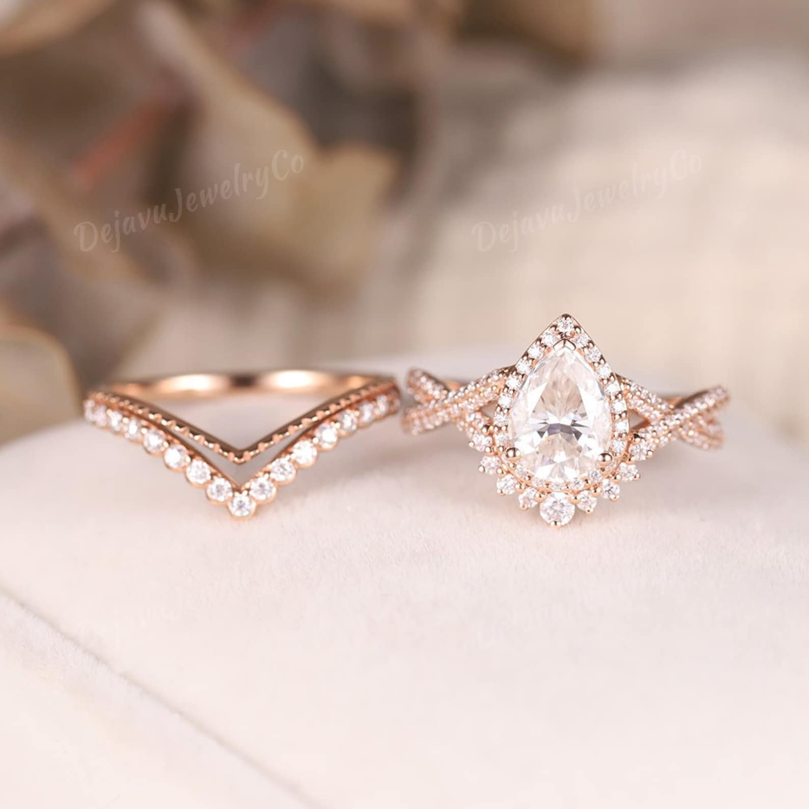 Unique 10K Rose Gold Pear Shaped Moissanite Engagement Ring Art Deco Unique 10K Rose Gold Pear Shaped Moissanite Engagement Ring Art Deco