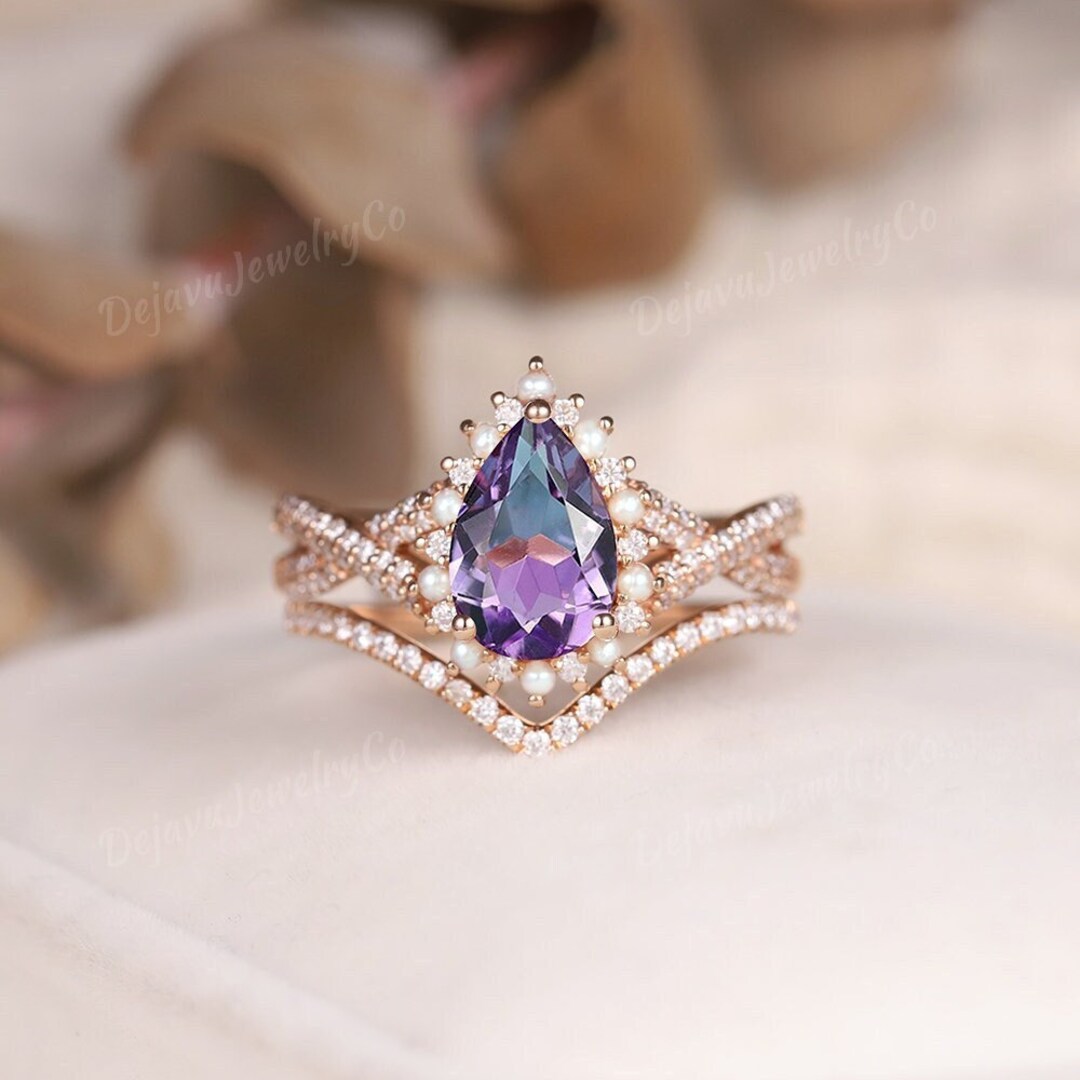 Amethyst Engagement Ring Set Pearl Halo Wedding Ring Set Rose Gold