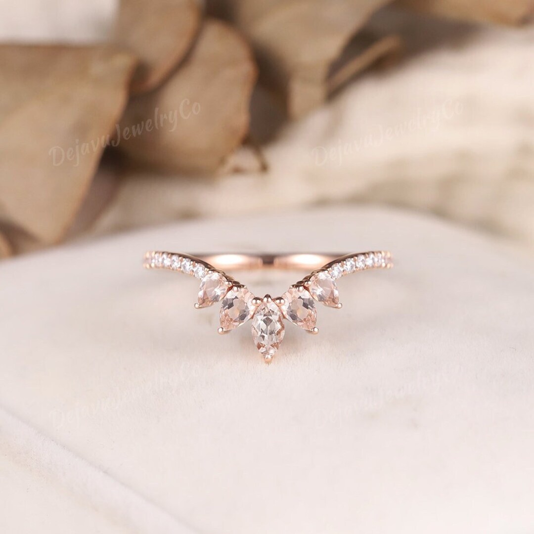 Art Deco Morganite Curved Wedding Band Rose Gold Marquise Morganite ...