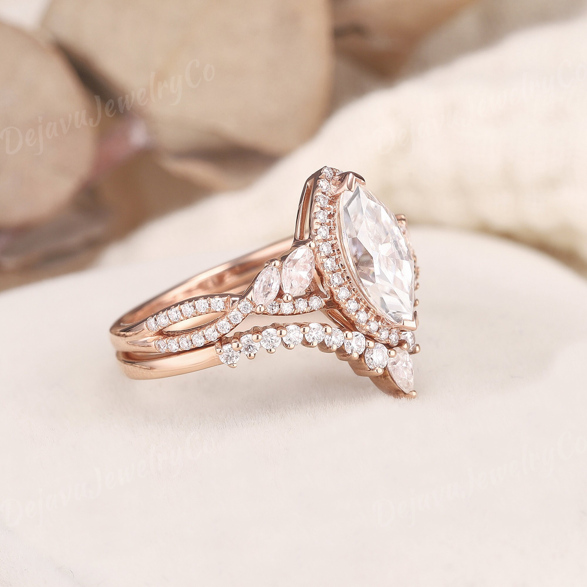 1ct Marquise Cut Moissanite Engagement Ring Set Halo