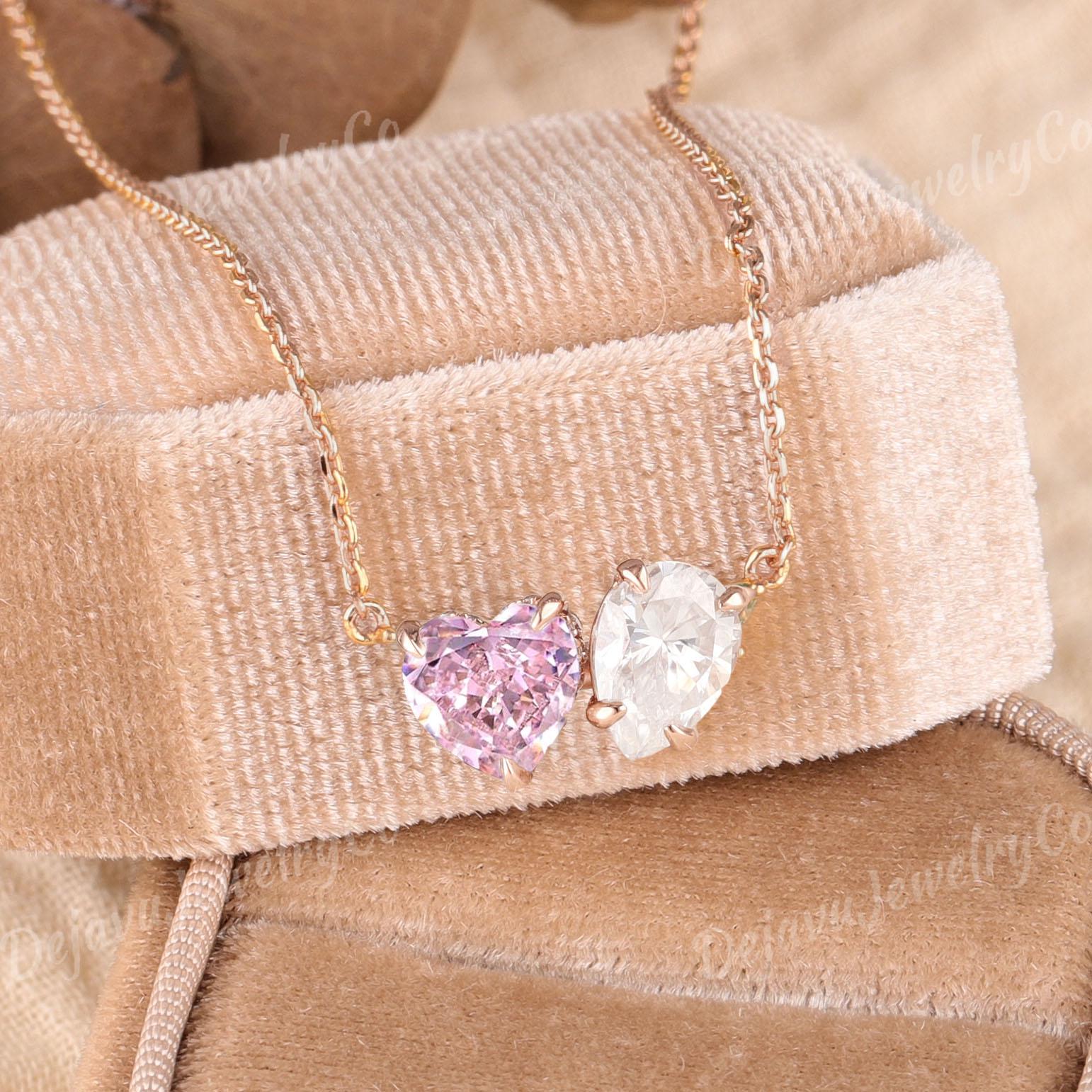 Hidden Halo Toi Et Moi Necklace Heart Shaped Pink Sapphire Rose