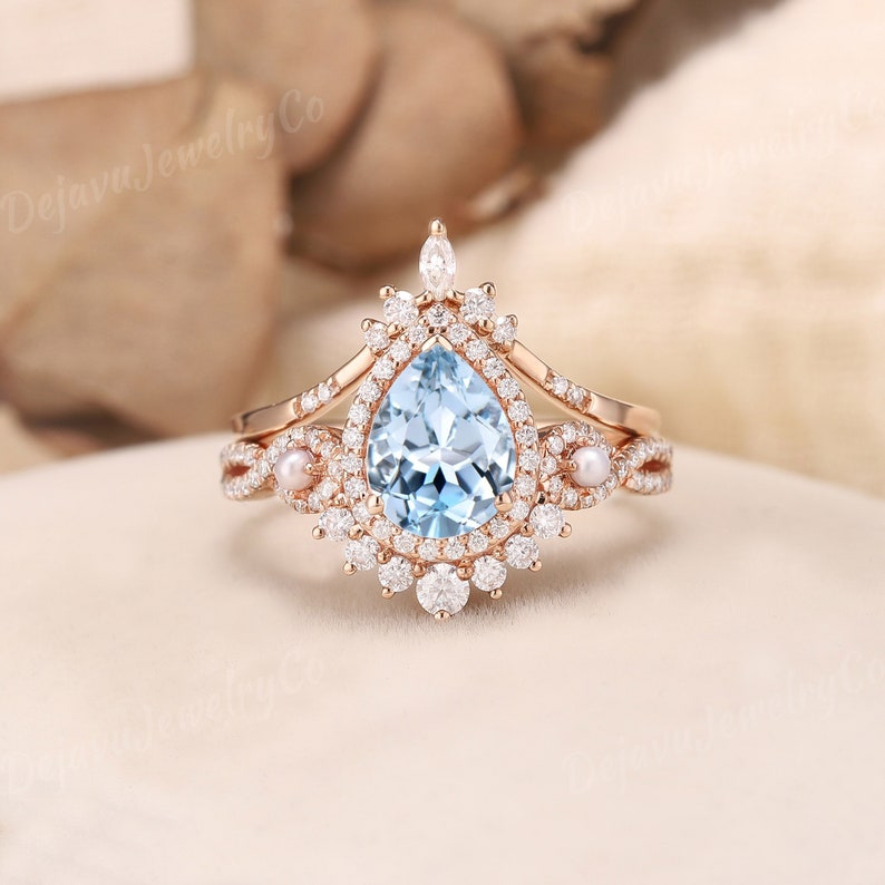 Pear Shaped Aquamarine Ring Rose Gold Ring for Women Vintage Unique ...