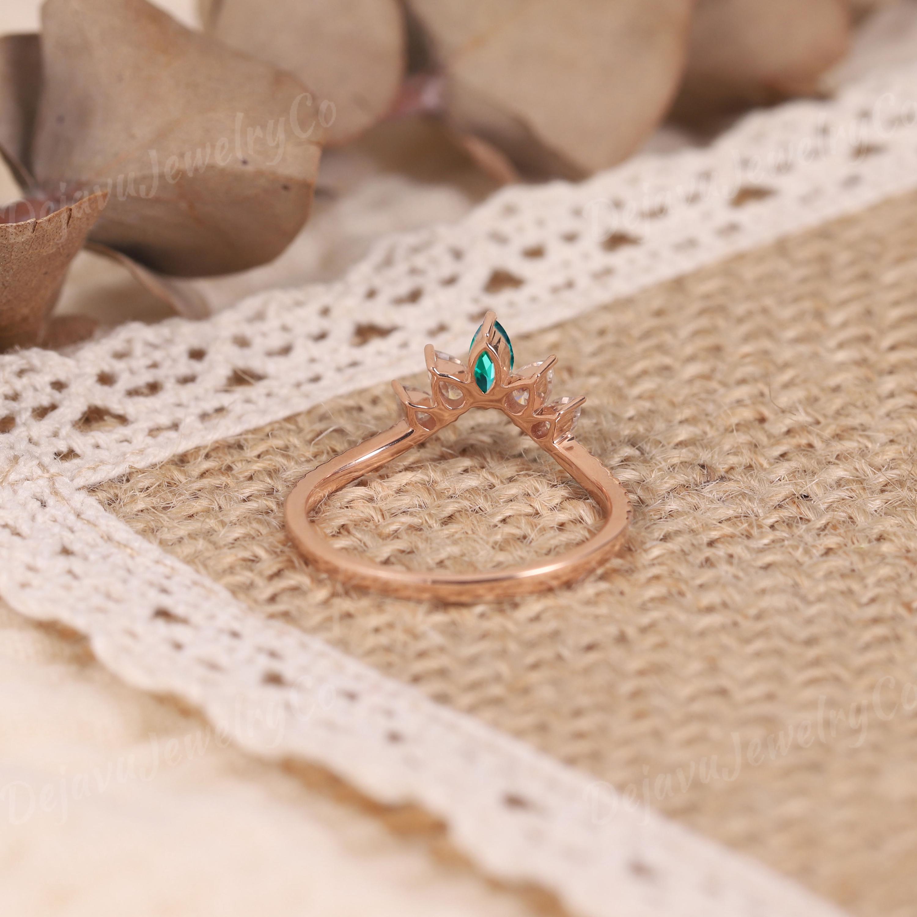 Art Deco Marquise Emerald Curved Wedding Band Unique Rose Gold Pear ...