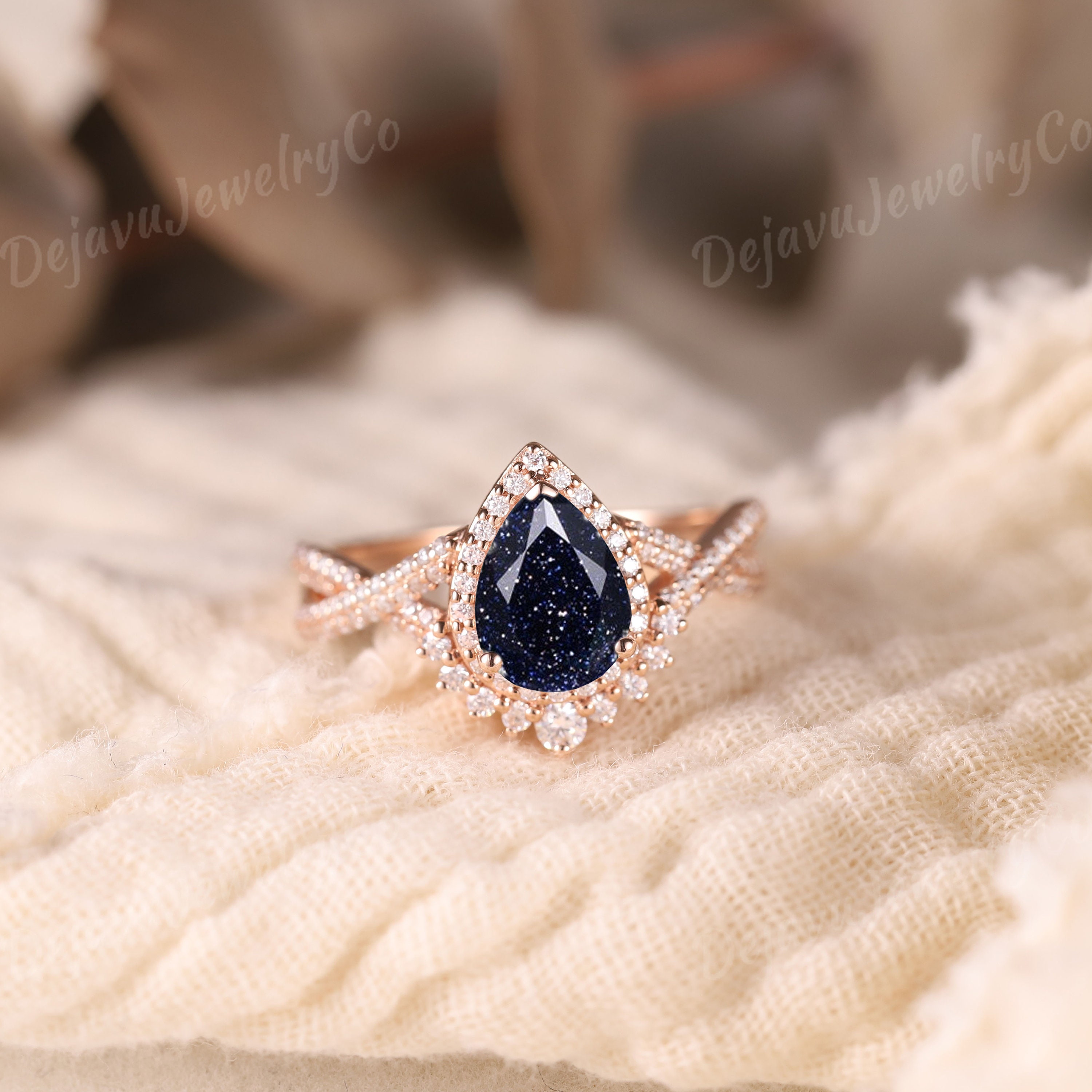 Art Deco Blue Sandstone Ring Set 2pcs Unique Blue Goldstone Ring Rose ...